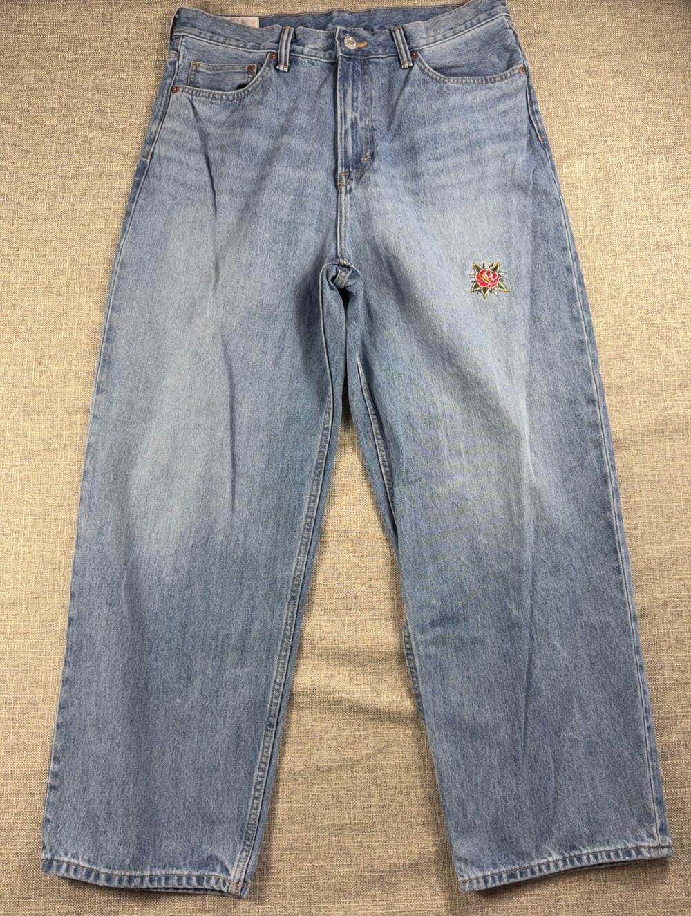 H&M Baggy Jeans Mens 34x32 Light Wash Custom Rose Embroidery Skater Y2K